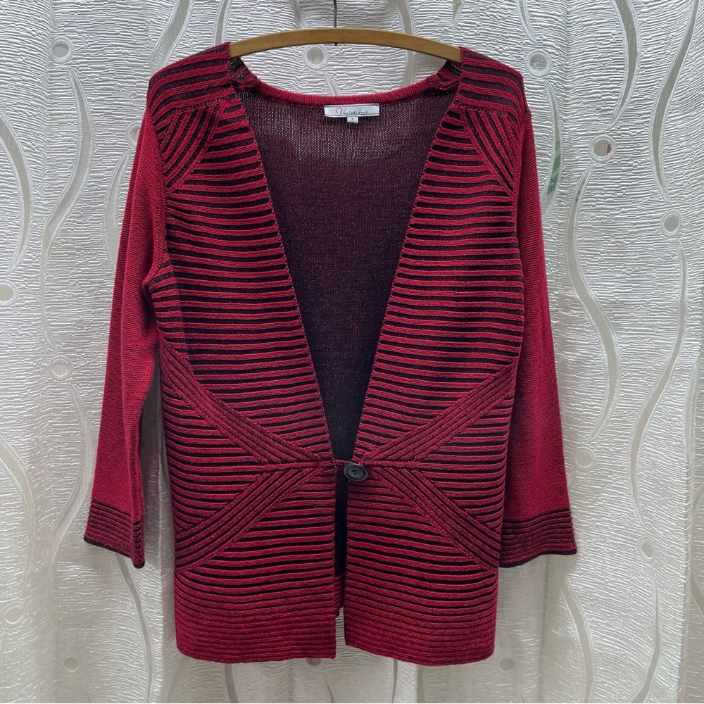 Variations Cardigan Sweater Womens Small Red Black Geometric Ribbed 3/4‎